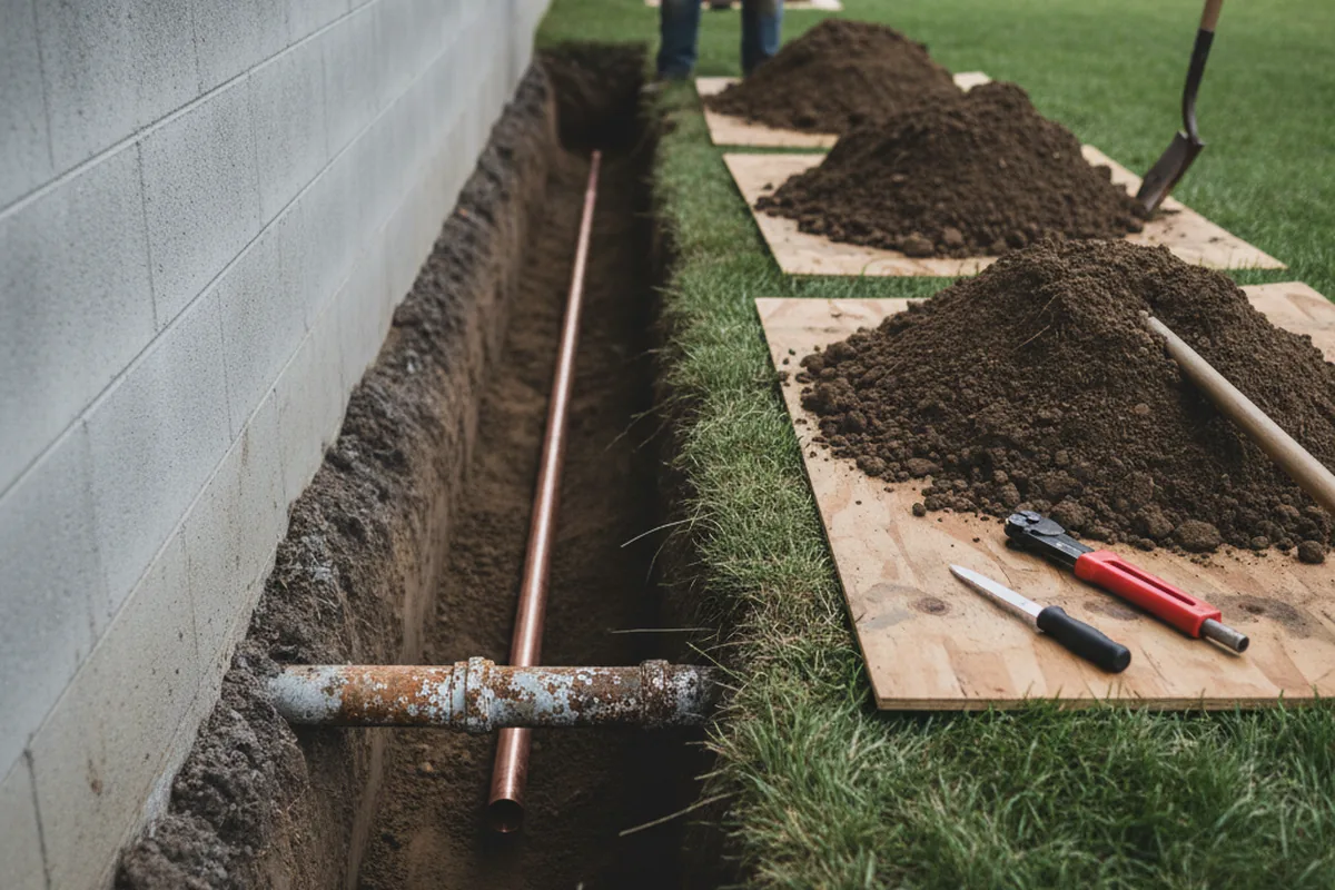 Excavated water line trench during Water Heater Repair in Henderson